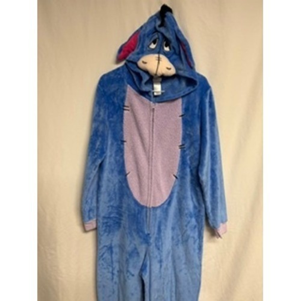 Disney Eeyore Plush Fleece Hooded Union Suit Pajamas Blue Large 12-14 Halloween